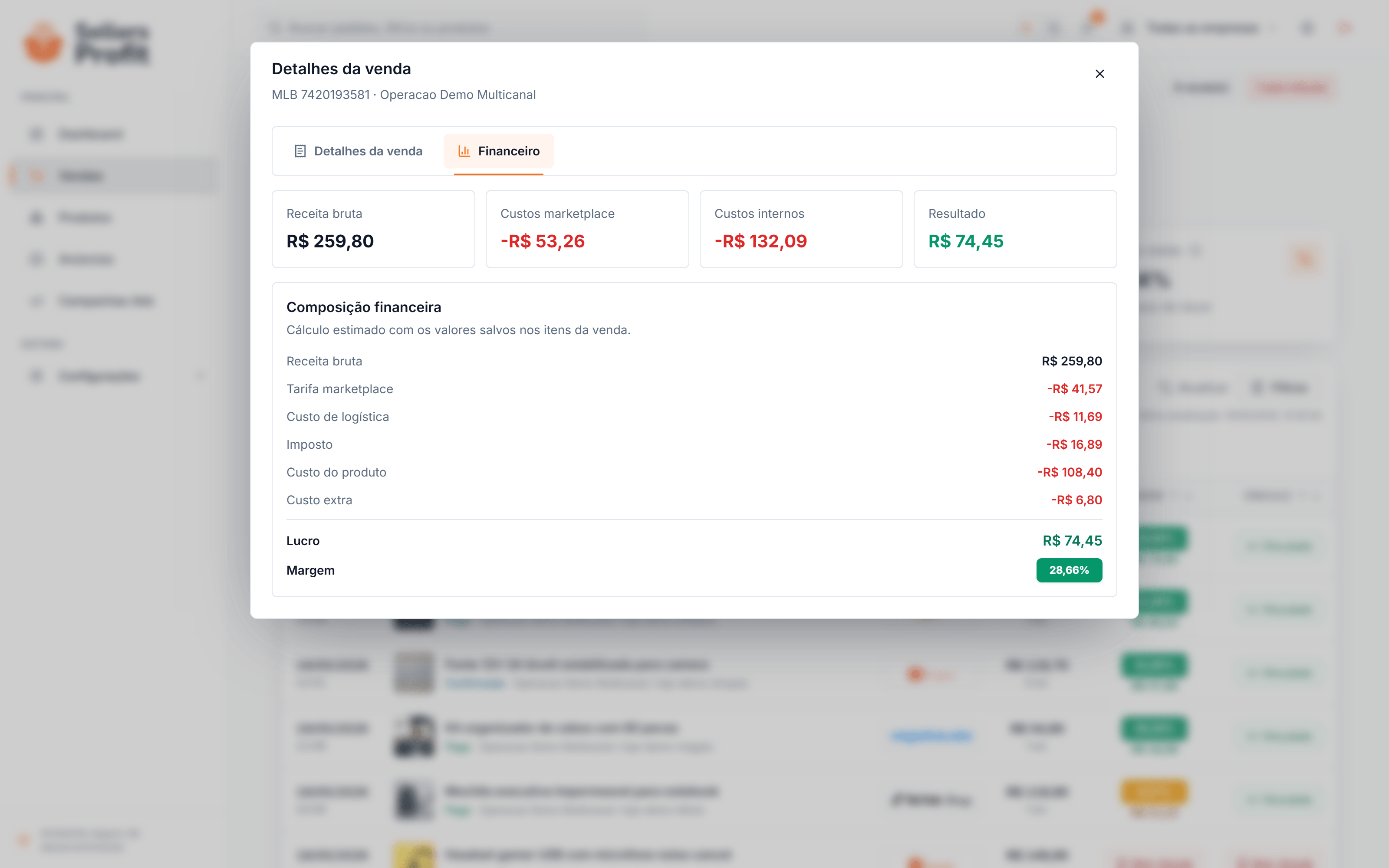 Modal de venda aberto na aba financeiro mostrando composição financeira da venda