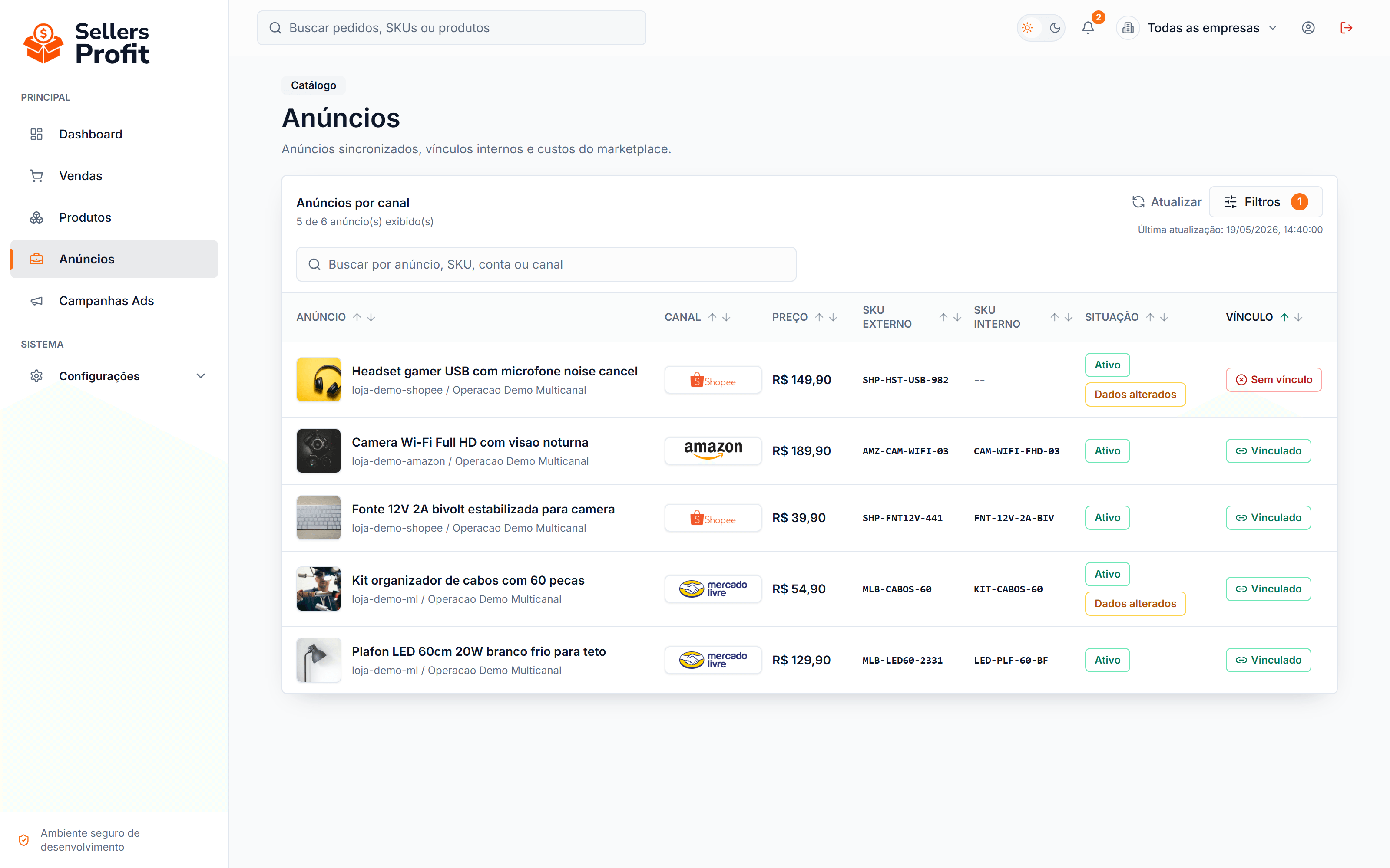 Tela do Sellers Profit: Anúncios por canal