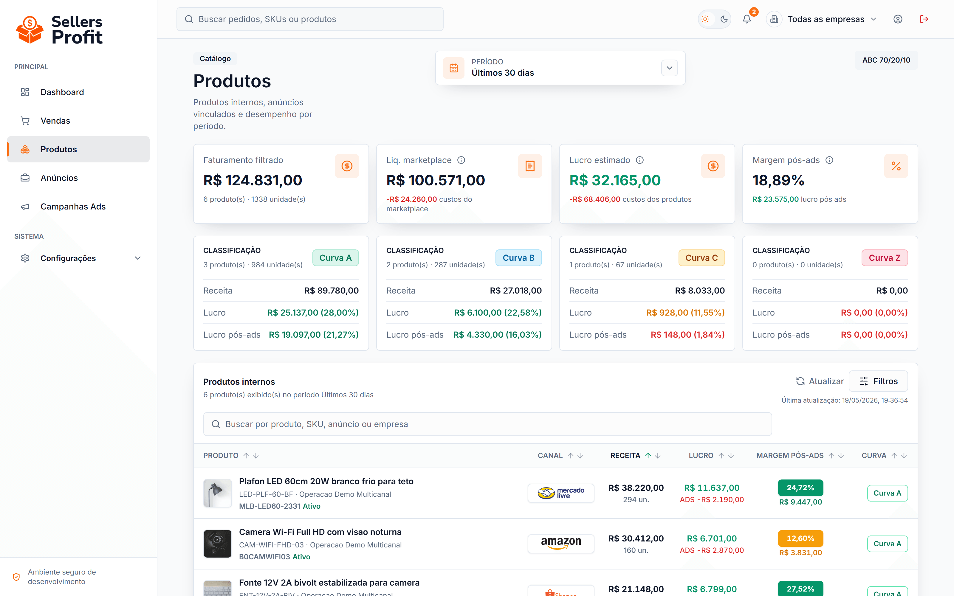 Tela do Sellers Profit: Produtos e Curva ABC